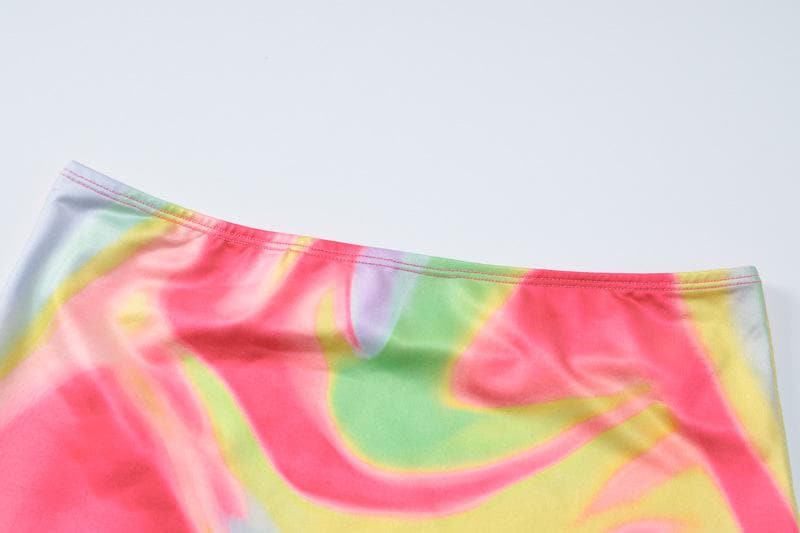 Vibrant Swirl Print Long Sleeve Crop Top & Mini Skirt Set - Y2K Fall Party & Night Out Style
