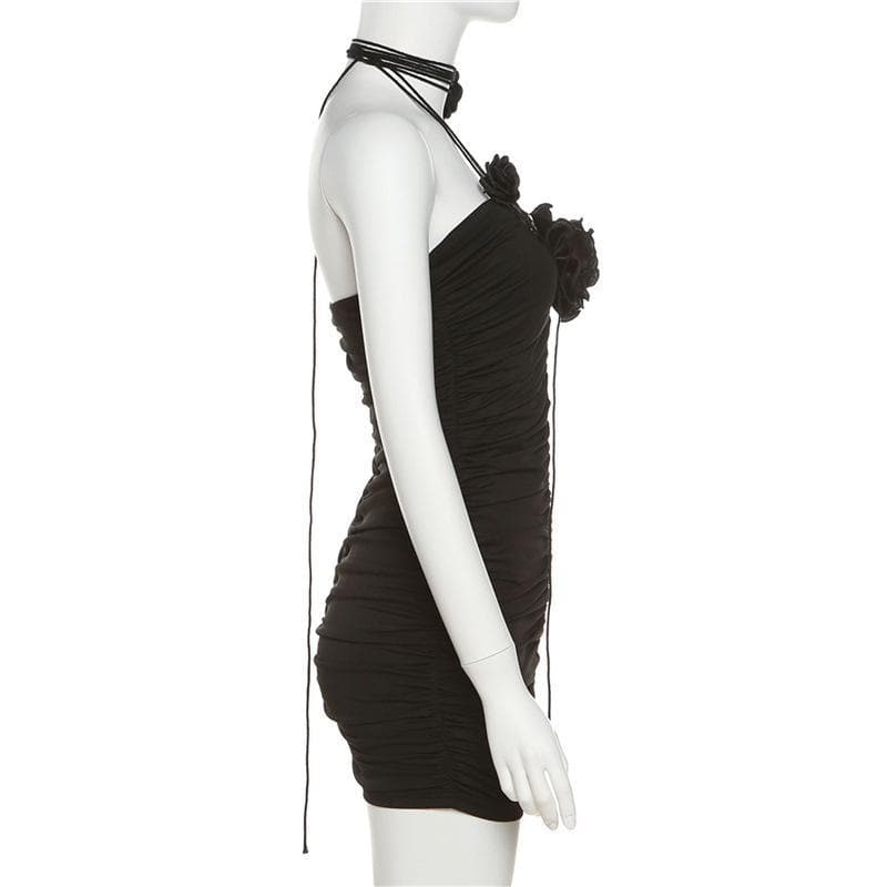 Dark Romance Black Rose Halter Ruched Bodycon Mini Dress - Fall & Holiday Party Ready