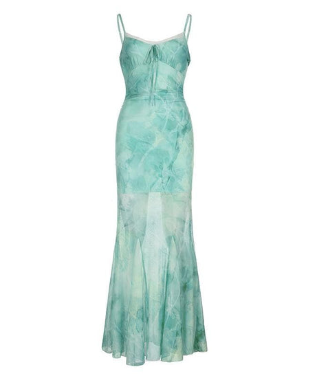 Ethereal Aqua Tie-Dye Mesh Maxi Dress - Ruched Cami & Mermaid Hem | Fall Getaway Chic