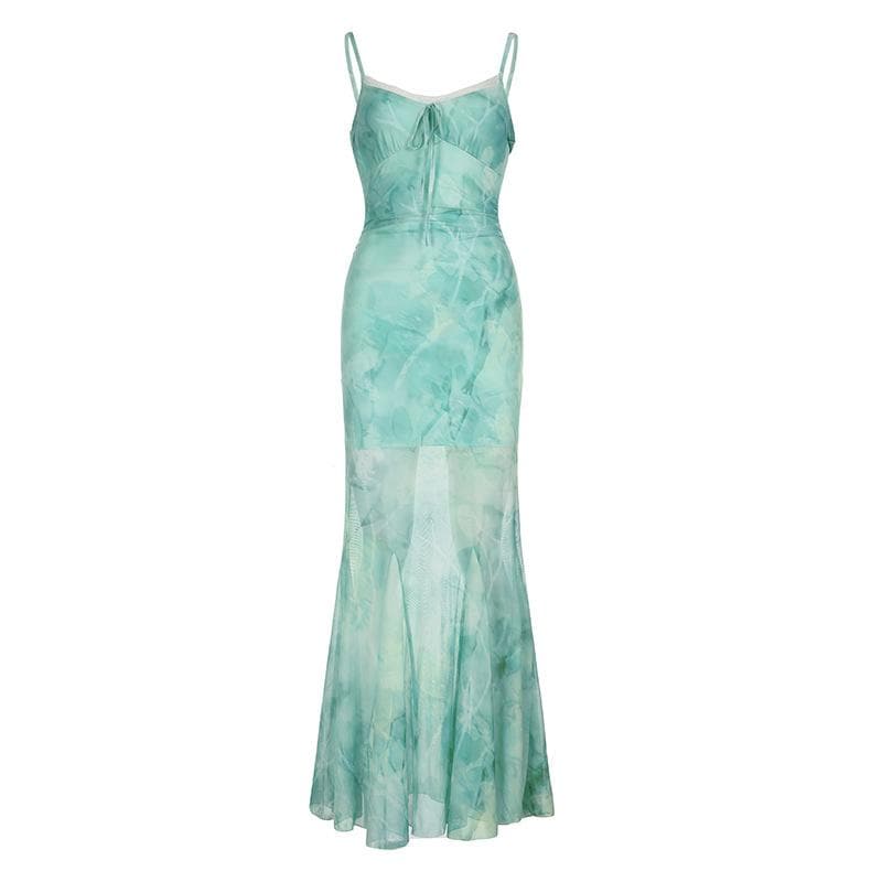 Ethereal Aqua Tie-Dye Mesh Maxi Dress - Ruched Cami & Mermaid Hem | Fall Getaway Chic
