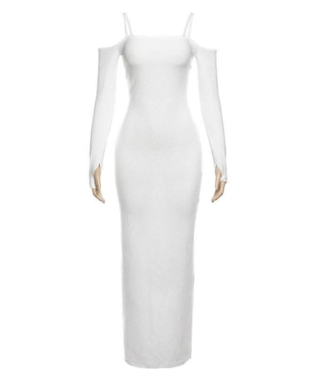 Chic White Ribbed Off-Shoulder Maxi Dress | Fall & Holiday Season Staple
