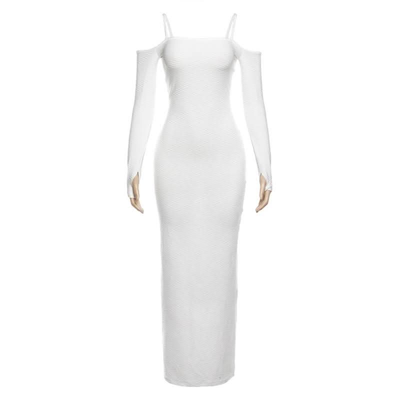 Chic White Ribbed Off-Shoulder Maxi Dress | Fall & Holiday Season Staple