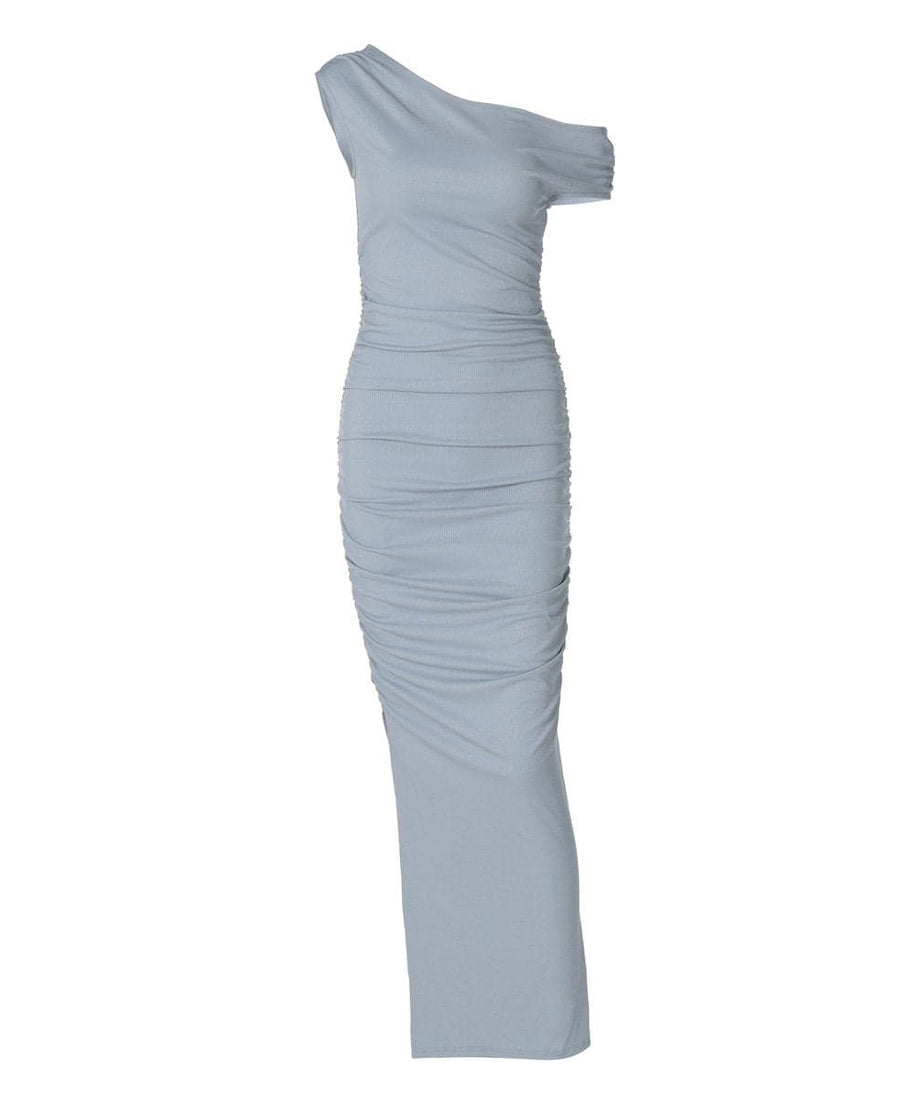 Elevate Your Style: Powder Blue One-Shoulder Ruched Ribbed Maxi Dress – Fall & Holiday Event Ready