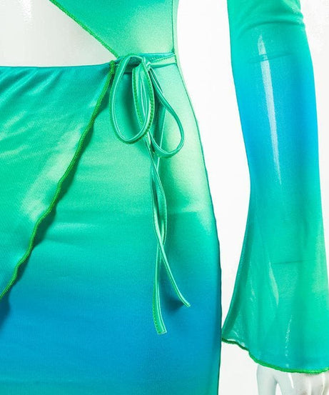 Electric Ombre Cutout Mini Dress - Long Sleeve Tie-Side Bodycon for Fall Nights