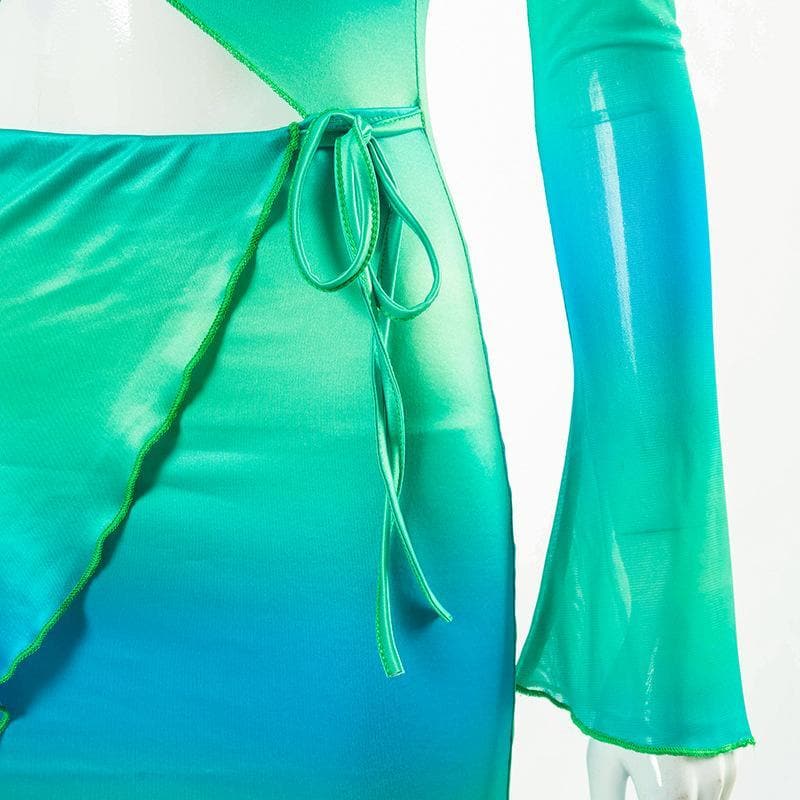 Electric Ombre Cutout Mini Dress - Long Sleeve Tie-Side Bodycon for Fall Nights