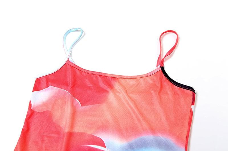 Vibrant Abstract Bloom Bodycon Mini Dress – Red & Blue Statement for Fall Parties