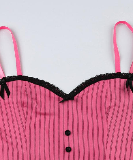 Pink Pinstripe Coquette Cami Top with Lace Trim & Bows - Fall Layering Essential