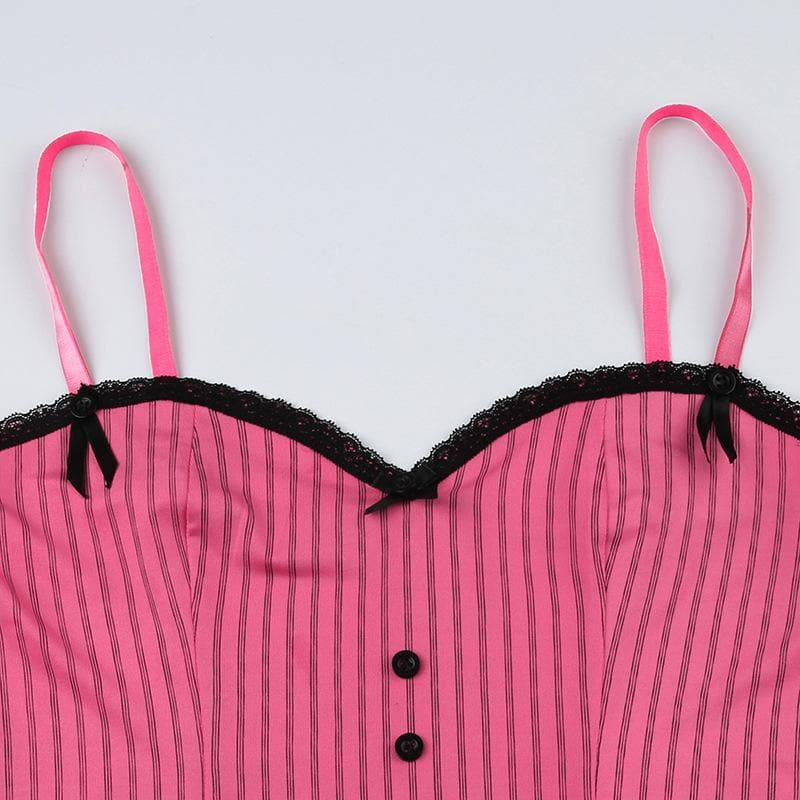 Pink Pinstripe Coquette Cami Top with Lace Trim & Bows - Fall Layering Essential