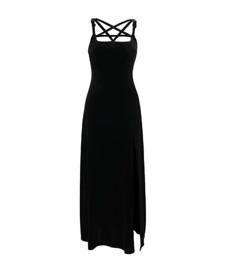 Midnight Velvet Maxi Dress with Star-Strap Neckline & High Slit - Fall & Holiday Party Glamour