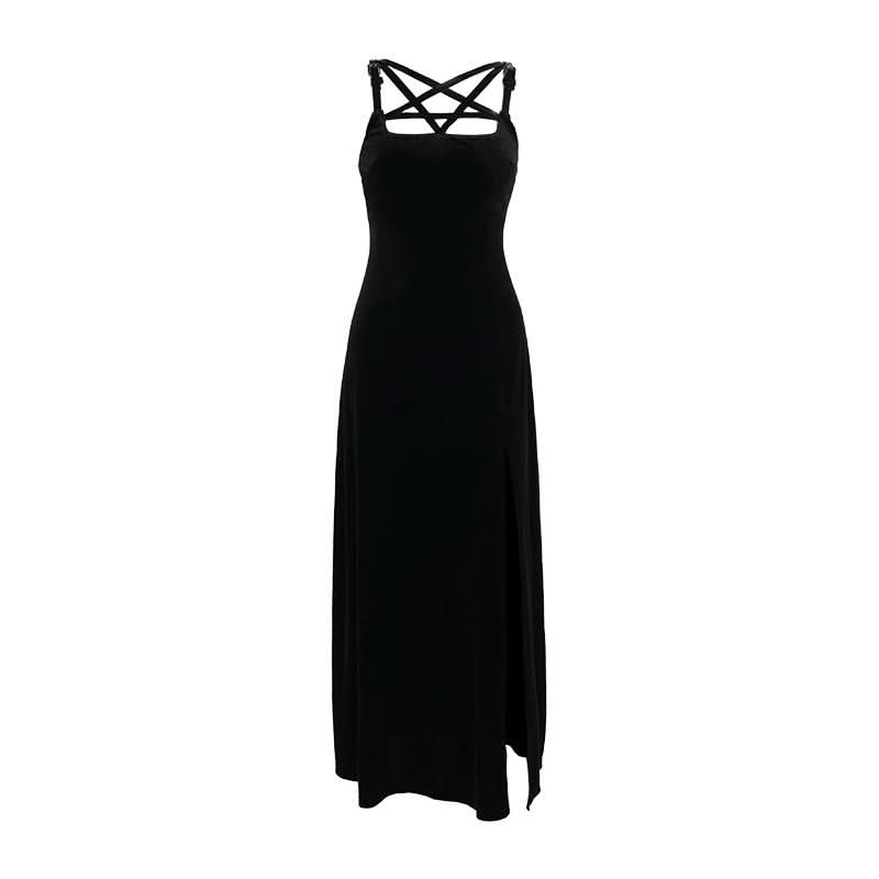 Midnight Velvet Maxi Dress with Star-Strap Neckline & High Slit - Fall & Holiday Party Glamour