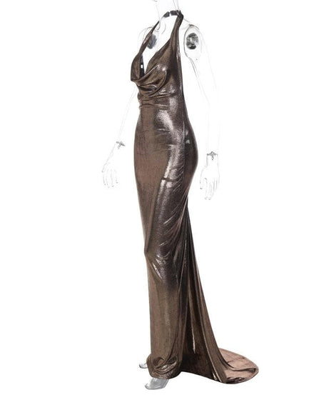 Radiant Liquid Bronze Halter Maxi Gown - Your Glamorous Pick for Holiday Parties & NYE