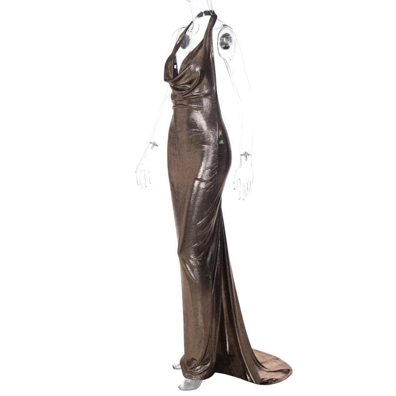Radiant Liquid Bronze Halter Maxi Gown - Your Glamorous Pick for Holiday Parties & NYE