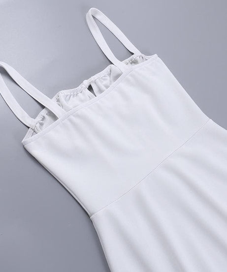 White Drawstring Ruched Bustier Mini Dress - Flirty Cami Cutout for Parties, Vacations & Halloween