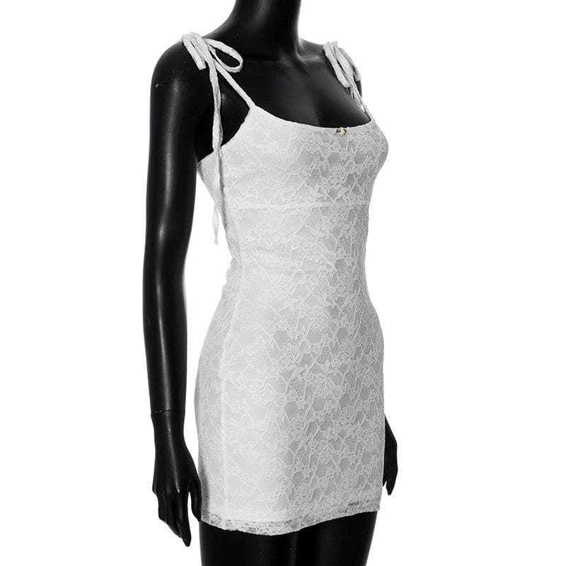 Flirty & Chic: White Lace Tie-Strap Mini Dress - Your Perfect Pick for Fall Parties & Getaways