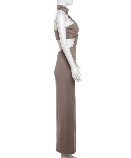 The 'It Girl' Halter Neck Cutout Ruched Maxi Dress - Fall Parties & Vacation Ready