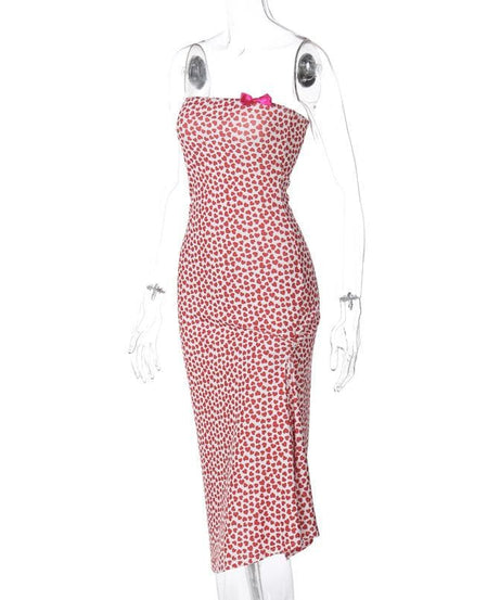 Fall Romance: Flirty Heart Print Strapless Midi Dress with Slit & Bow – Your Perfect Date Night & Getaway Look