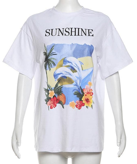 Women's 'Sunshine' Dolphin & Tropical Graphic Tee - Your Cozy Fall & Winter Getaway Vibe Top