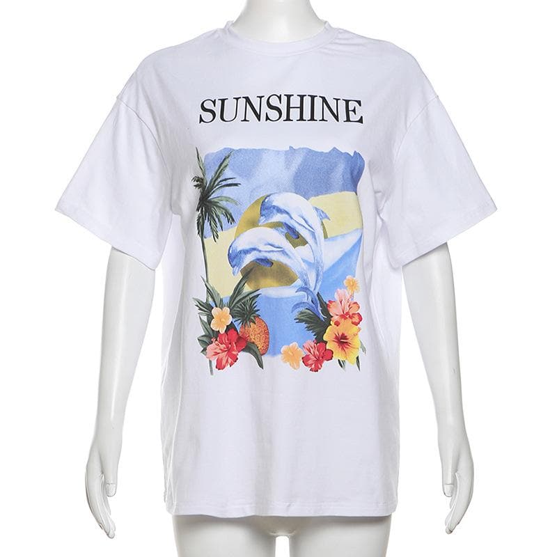 Women's 'Sunshine' Dolphin & Tropical Graphic Tee - Your Cozy Fall & Winter Getaway Vibe Top