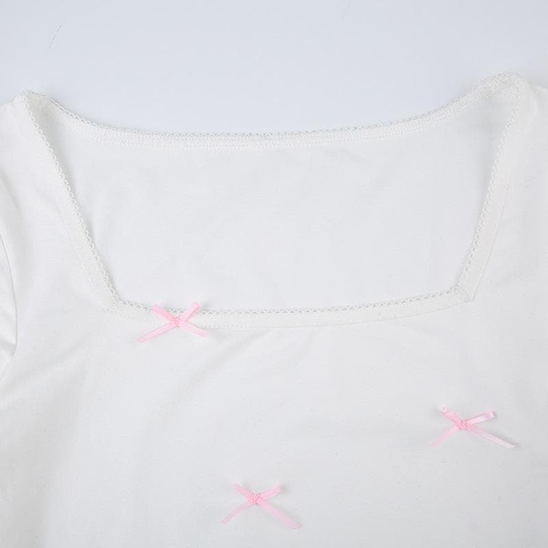 Sweetheart Square Neck Long Sleeve Top with Dainty Pink Bows - Your Perfect Fall Staple