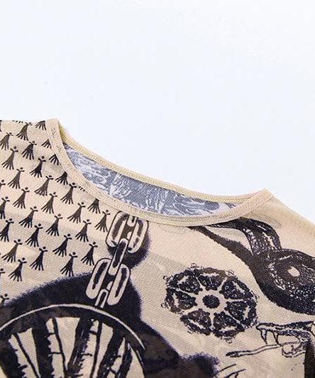 Dark Romance Graphic Sheer Mesh Long Sleeve Top | Tattoo-Inspired Fall '25 Edgy Chic