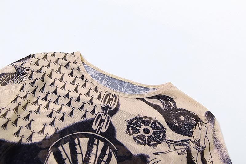 Dark Romance Graphic Sheer Mesh Long Sleeve Top | Tattoo-Inspired Fall '25 Edgy Chic