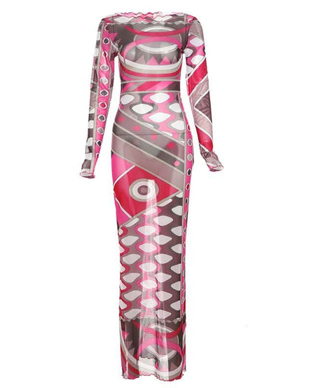 Fall & Holiday Glam: Geo-Abstract Mesh Maxi Dress - Long Sleeve Bodycon Statement