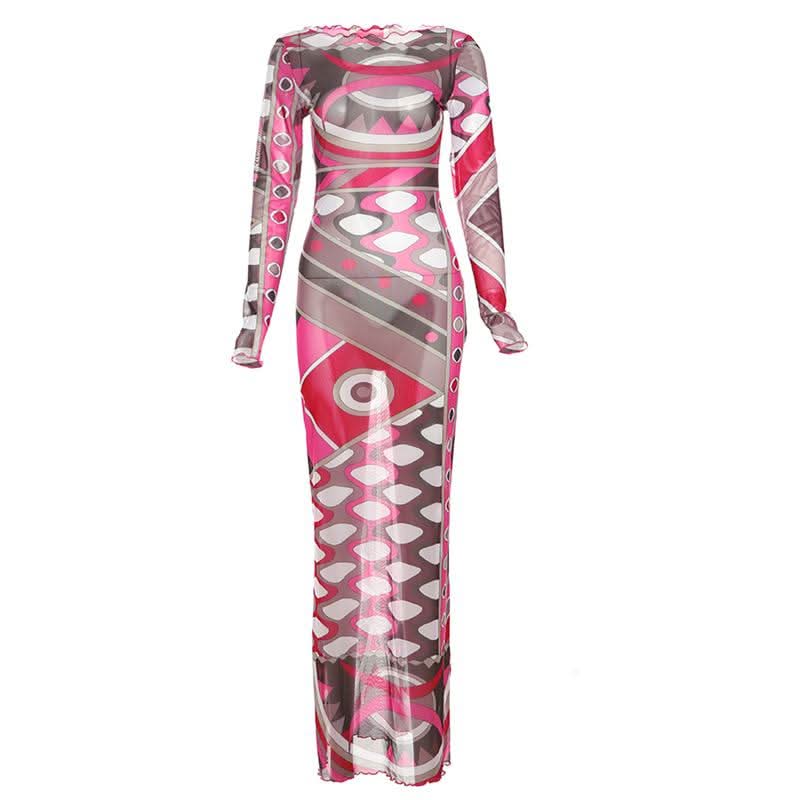 Fall & Holiday Glam: Geo-Abstract Mesh Maxi Dress - Long Sleeve Bodycon Statement