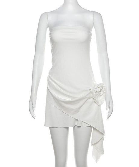 Glam White Strapless Mini Dress: Ruched Asymmetrical & 3D Floral – Fall & Holiday Event Ready