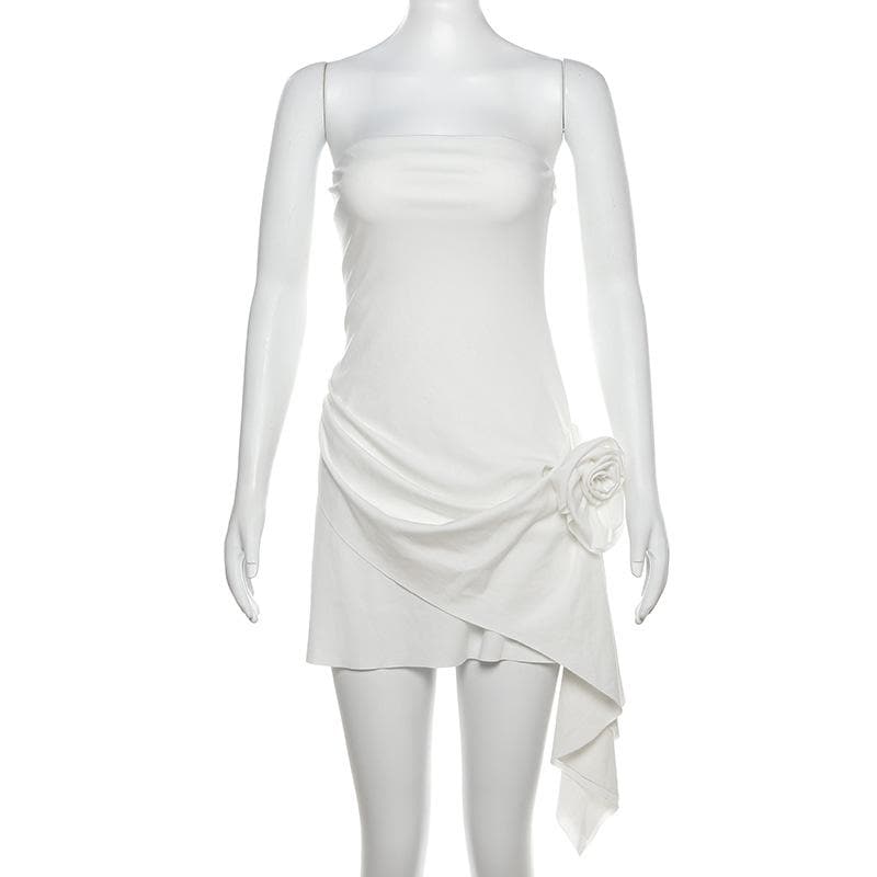 Glam White Strapless Mini Dress: Ruched Asymmetrical & 3D Floral – Fall & Holiday Event Ready