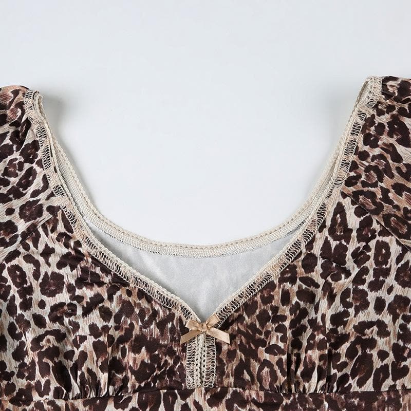 Spotted & Styled: Y2K Leopard Print Puff Sleeve Bowknot Top - Fall's Must-Have