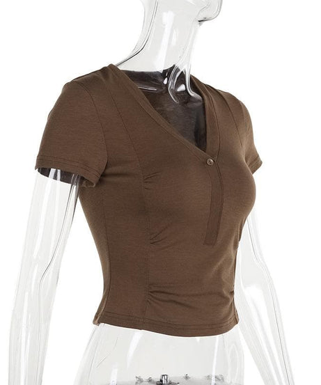 Women's Effortless Chic Mocha V-Neck Henley Crop Top - Your Essential Fall Layer