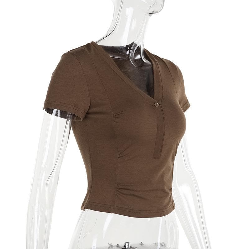 Women's Effortless Chic Mocha V-Neck Henley Crop Top - Your Essential Fall Layer