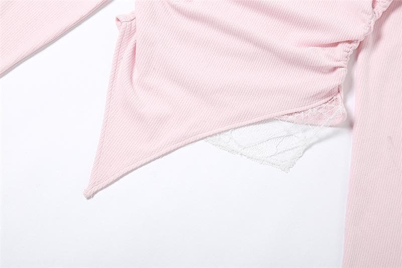 Fall Chic: Ruched Off-Shoulder Halter Top - Asymmetric Lace Detail Long Sleeve