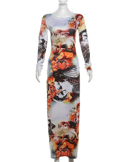 Artistic Renaissance Print Long Sleeve Maxi Dress - Fall Statement Style