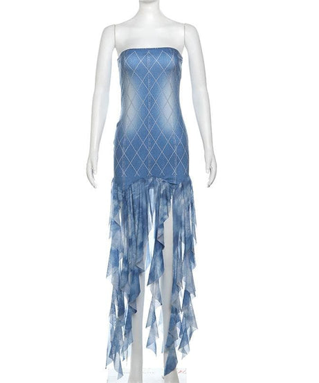 Statement-Making Denim-Look Diamond Tube Dress with Flowing Fringe Hem | Fall Party Ready