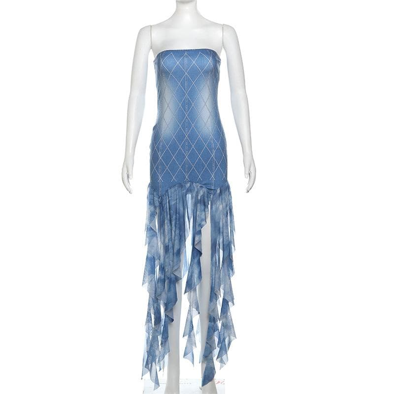 Statement-Making Denim-Look Diamond Tube Dress with Flowing Fringe Hem | Fall Party Ready