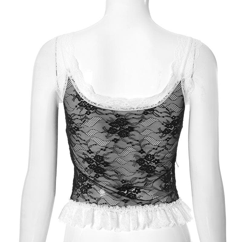 Sultry Black & White Lace Ruffle Cami Top - Fall Flirts & Holiday Glam