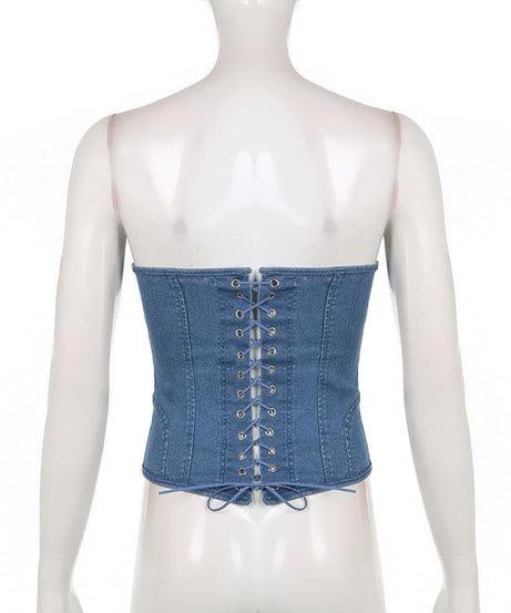 Y2K Edgy Denim Corset Top | Strapless Sweetheart Bustier for Fall Style