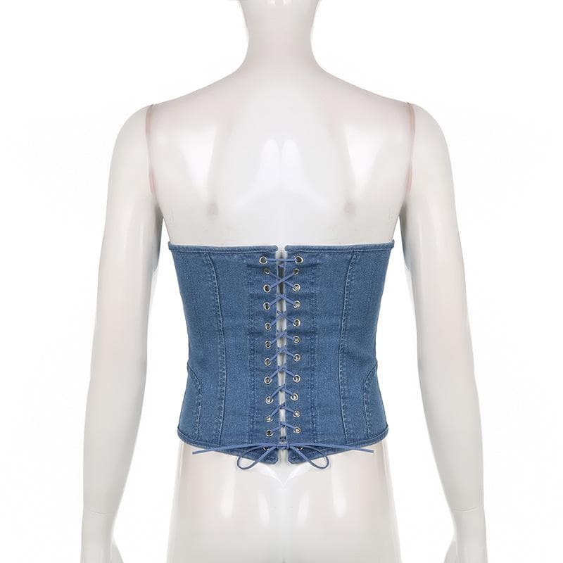 Y2K Edgy Denim Corset Top | Strapless Sweetheart Bustier for Fall Style