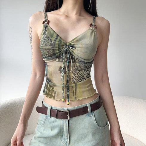 Y2K Boho Chic Patchwork Mesh Cami Top - O-Ring Ruched Detail for Fall