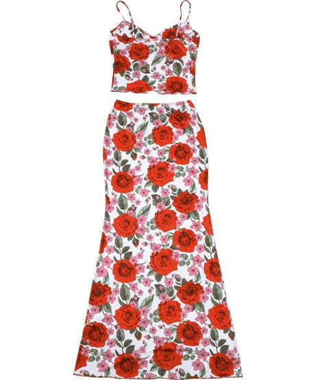 Romantic Red Rose Floral Cami & Maxi Skirt Set - Fall Chic Two-Piece Outfit for Women