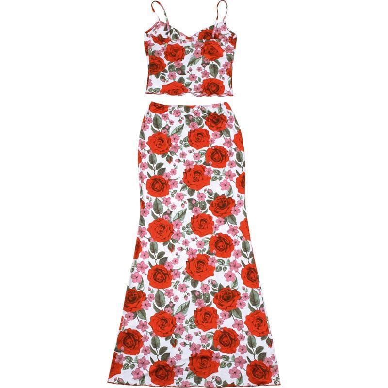 Romantic Red Rose Floral Cami & Maxi Skirt Set - Fall Chic Two-Piece Outfit for Women