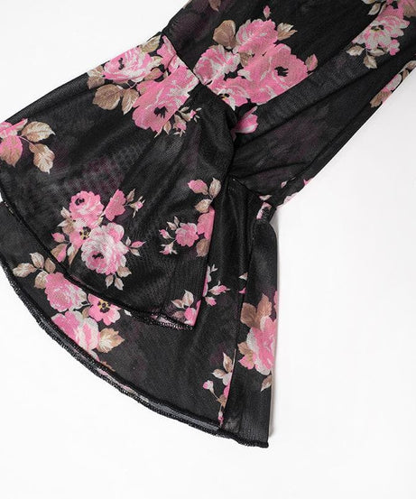 Enchanting Fall Floral Mesh Mini Dress | Chic Cowl Neck & Bell Sleeves