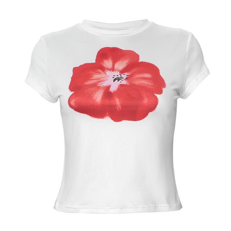 Vibrant Red Poppy Floral Tee | Women's Soft & Stretchy Short Sleeve Top for Fall Style