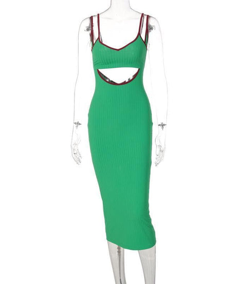 Fall & Holiday Ready: Chic Ribbed Cut-Out Midi Dress with Red Trim – Figure-Flattering Green