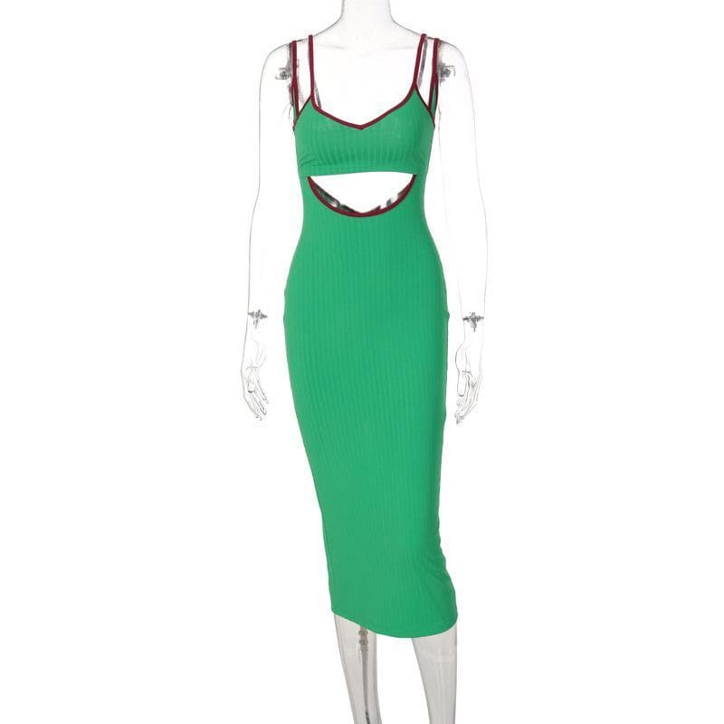 Fall & Holiday Ready: Chic Ribbed Cut-Out Midi Dress with Red Trim – Figure-Flattering Green