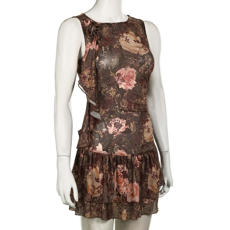 Enchanting Autumn Bloom Asymmetrical Ruffle Mini Dress