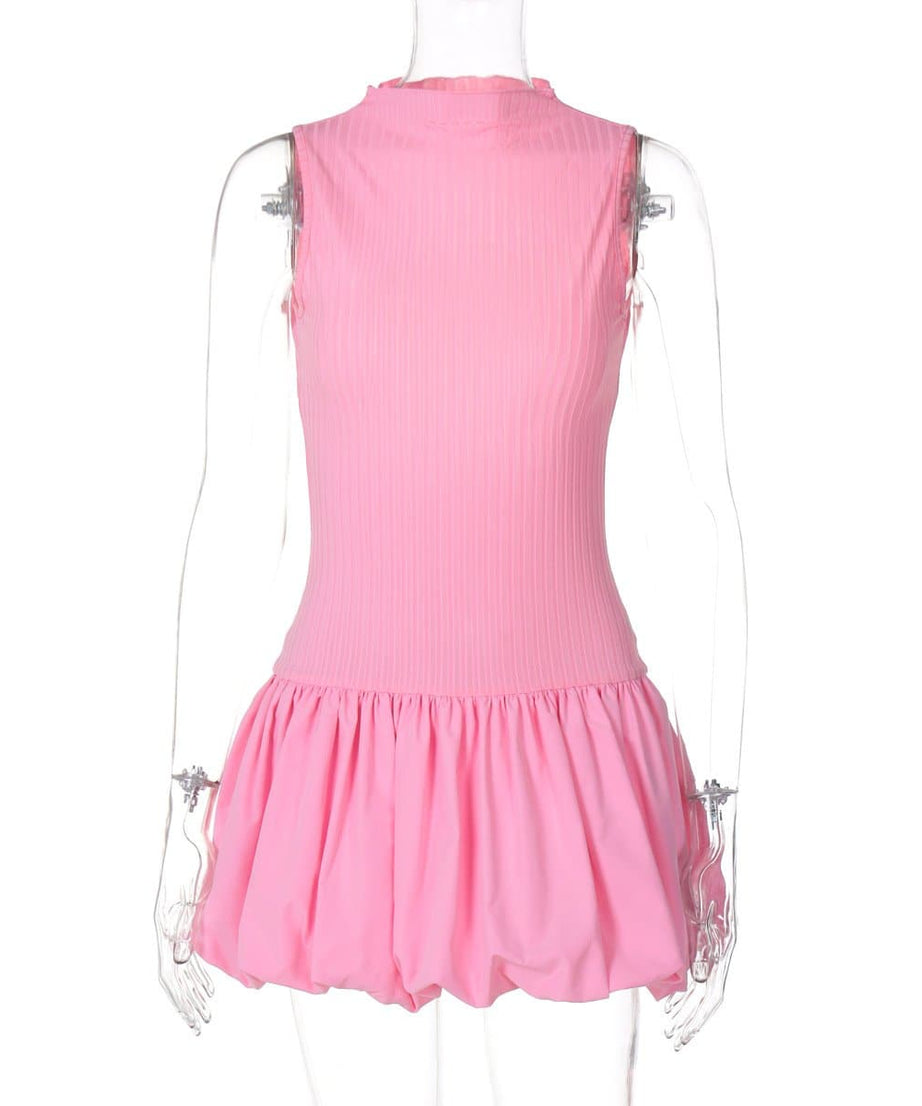 Bubblegum Dream: Pink Ribbed Mock Neck Mini Dress with Chic Bubble Hem – Your Essential Fall Statement