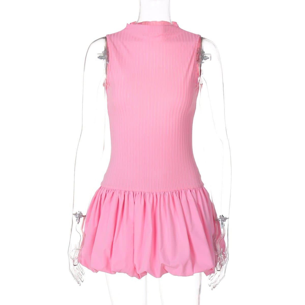 Bubblegum Dream: Pink Ribbed Mock Neck Mini Dress with Chic Bubble Hem – Your Essential Fall Statement