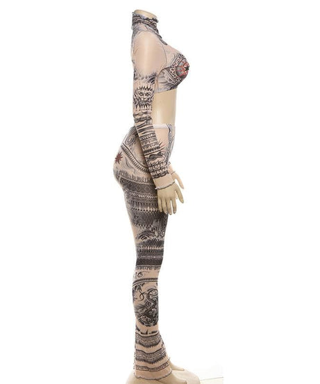Second Skin Faux Tattoo Mesh Set | Crop Top & Flare Pants | Edgy Fall & Halloween Style